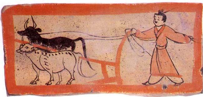 Agriculture sous les Han : labourage avec bœufs