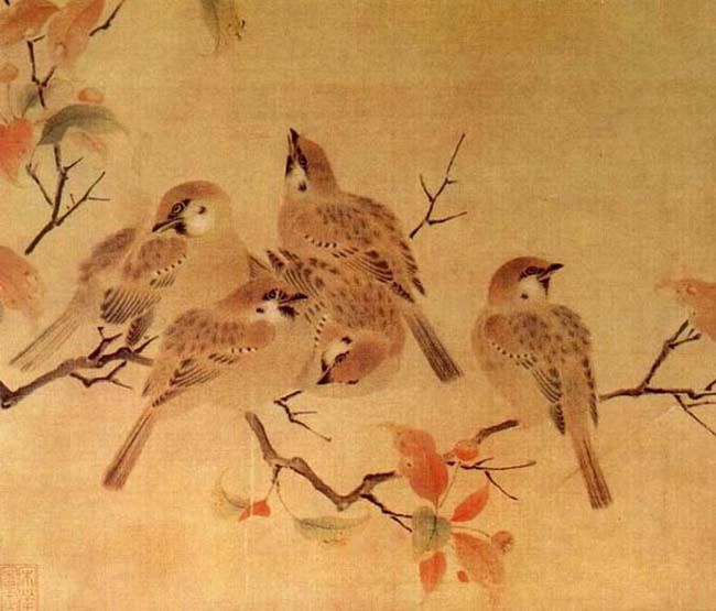 Moineaux sur branche - détail de peinture Nan Song