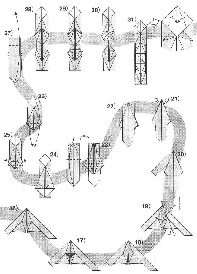 origami de dragon, étape 16 à 31