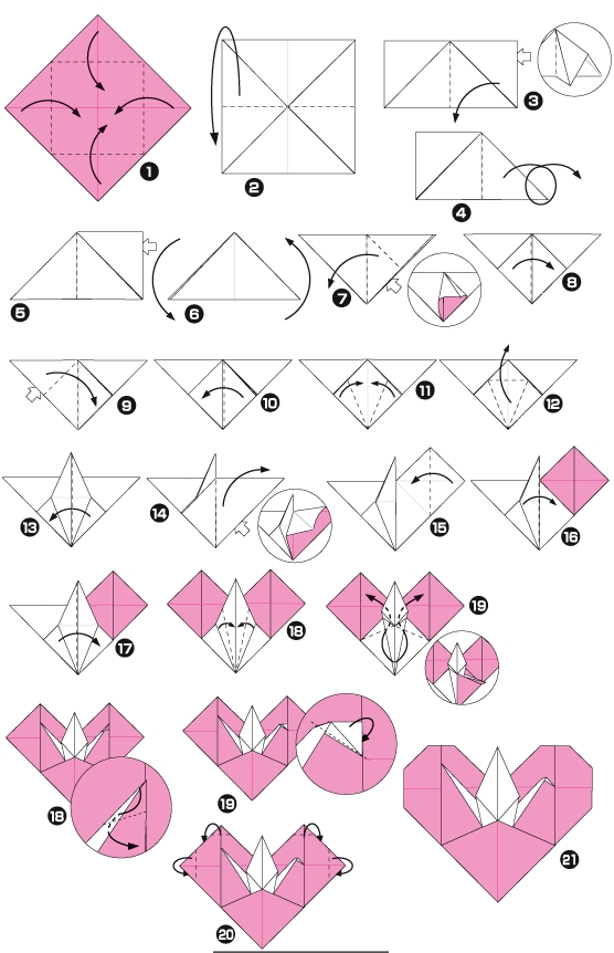 Origami-hjerte med en trane, symbol på fred